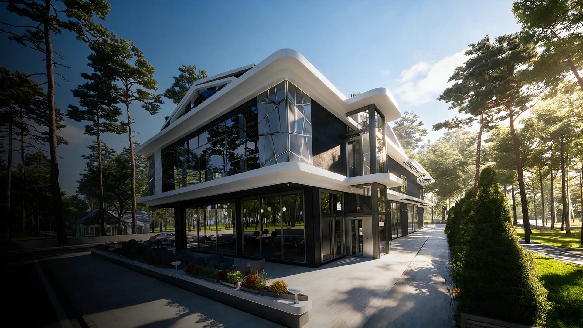 Meram Office işyeri projesinin çam ağaçları arasındaki cephe görünümü, görselleştirme
